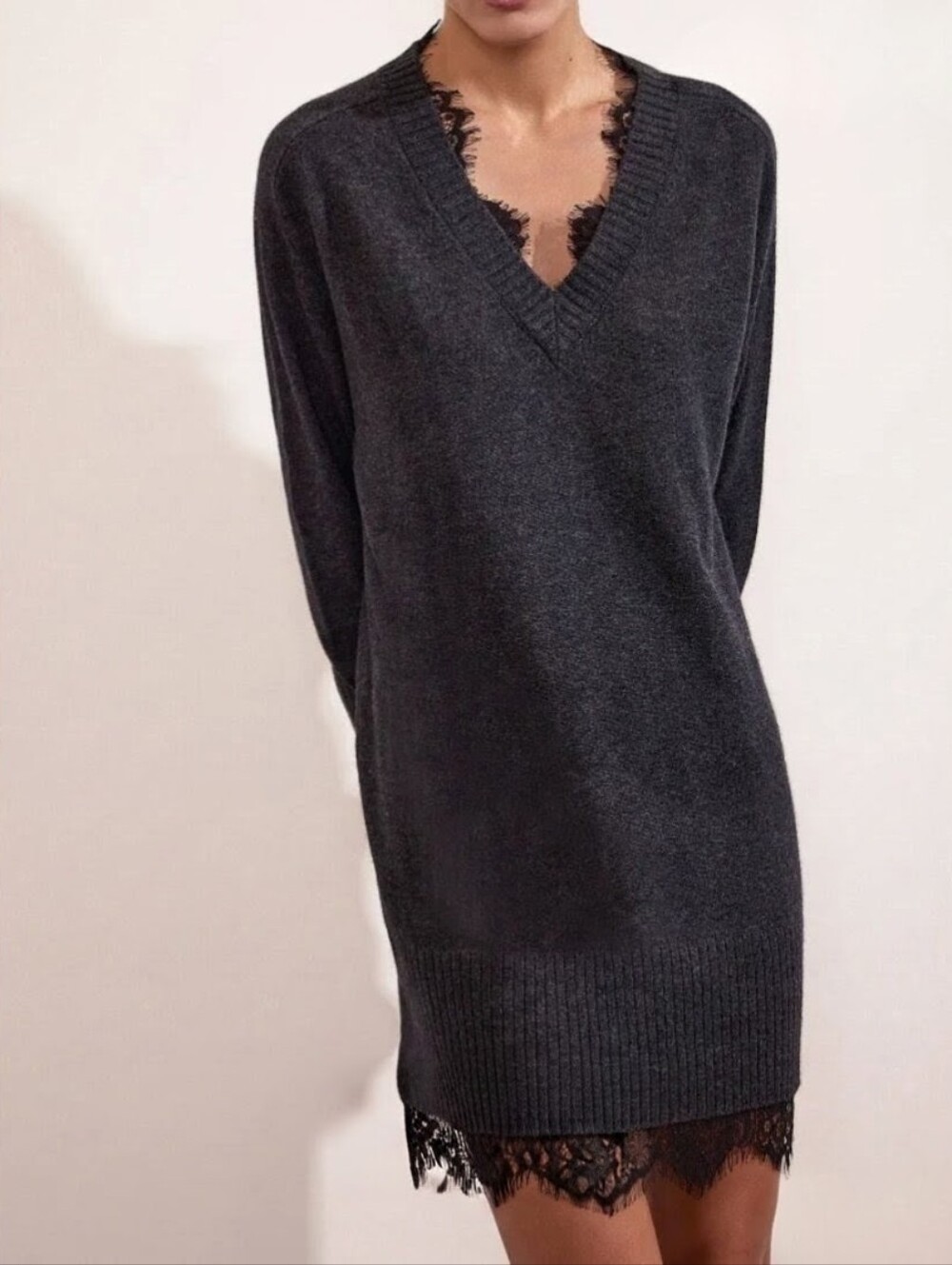 Brochu Walker Amiri Charcoal Gray Wool Cashmere Black Lace Dress Size XS